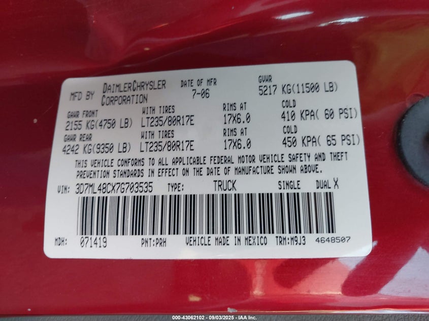 2007 Dodge Ram 3500 Slt/Sport VIN: 3D7ML48CX7G703535 Lot: 43062102