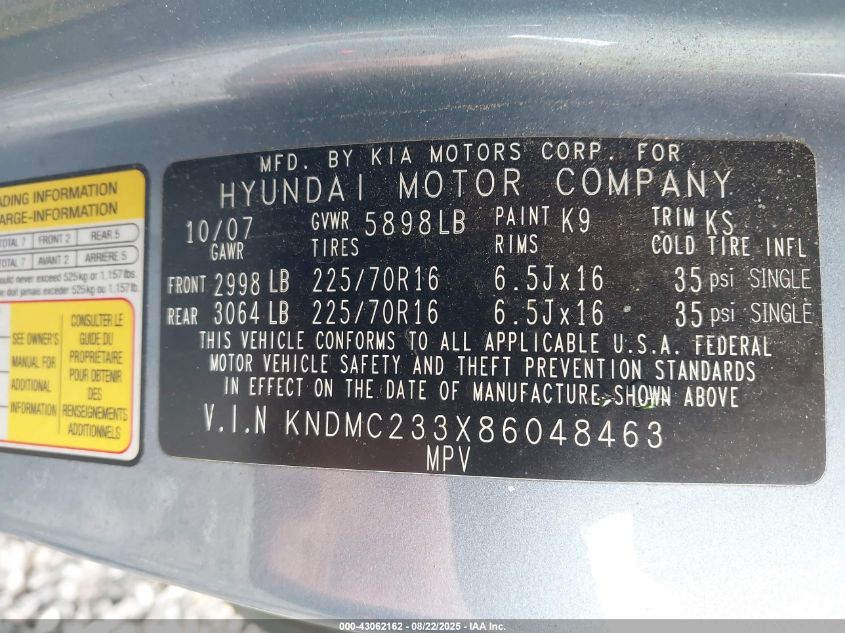 2008 Hyundai Entourage Gls/Limited VIN: KNDMC233X86048463 Lot: 43062162