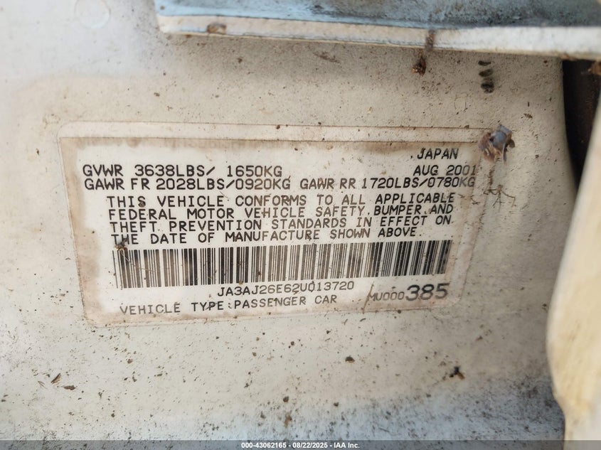 2002 Mitsubishi Lancer Es VIN: JA3AJ26E62U013720 Lot: 43062165