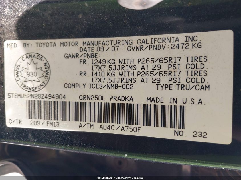 2008 Toyota Tacoma V6 VIN: 5TEMU52N28Z494904 Lot: 43062307