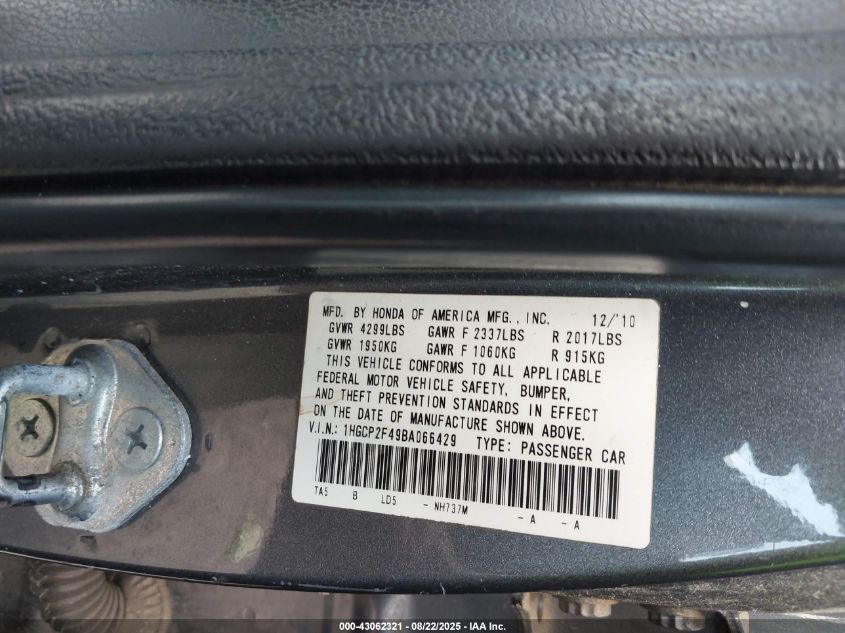 2011 Honda Accord 2.4 Lx-P VIN: 1HGCP2F49BA066429 Lot: 43062321