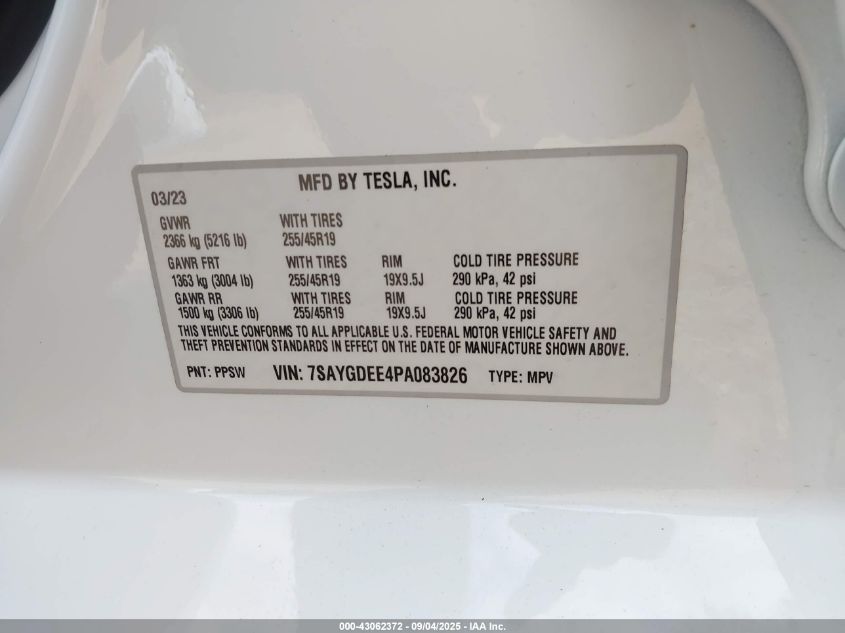 2023 Tesla Model Y Awd/Long Range Dual Motor All-Wheel Drive VIN: 7SAYGDEE4PA083826 Lot: 43062372