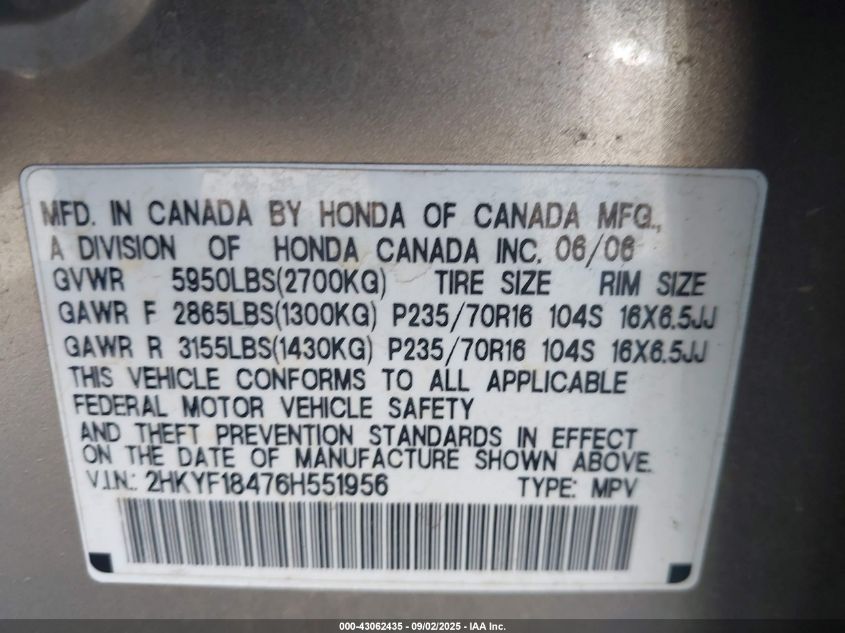 2006 Honda Pilot Ex VIN: 2HKYF18476H551956 Lot: 43062435