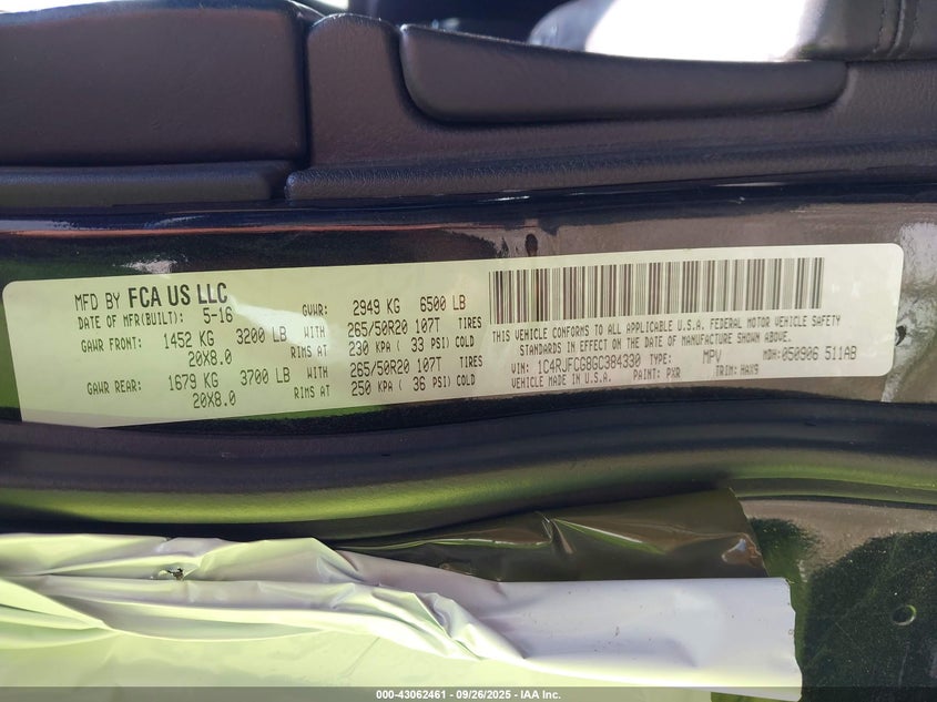 2016 Jeep Grand Cherokee High Altitude VIN: 1C4RJFCG8GC384330 Lot: 43062461