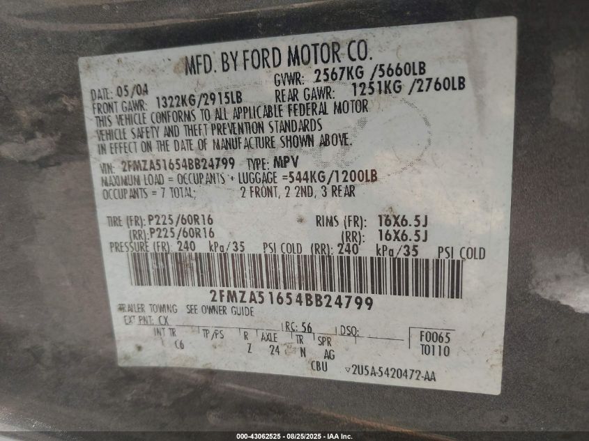 2004 Ford Freestar Se VIN: 2FMZA51654BB24799 Lot: 43062525