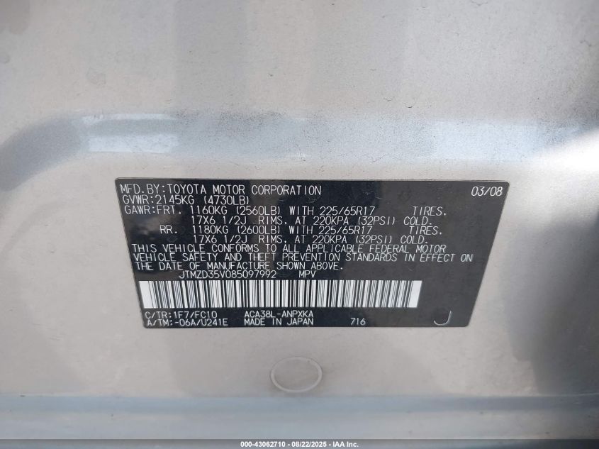 2008 Toyota Rav4 VIN: JTMZD35V085097992 Lot: 43062710