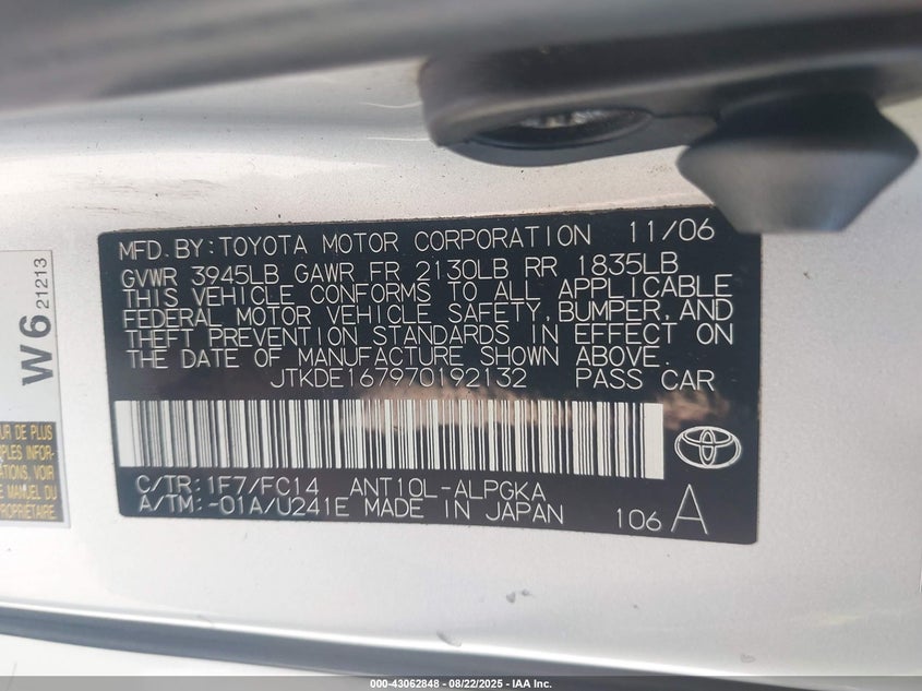 2007 Scion Tc VIN: JTKDE167970192132 Lot: 43062848