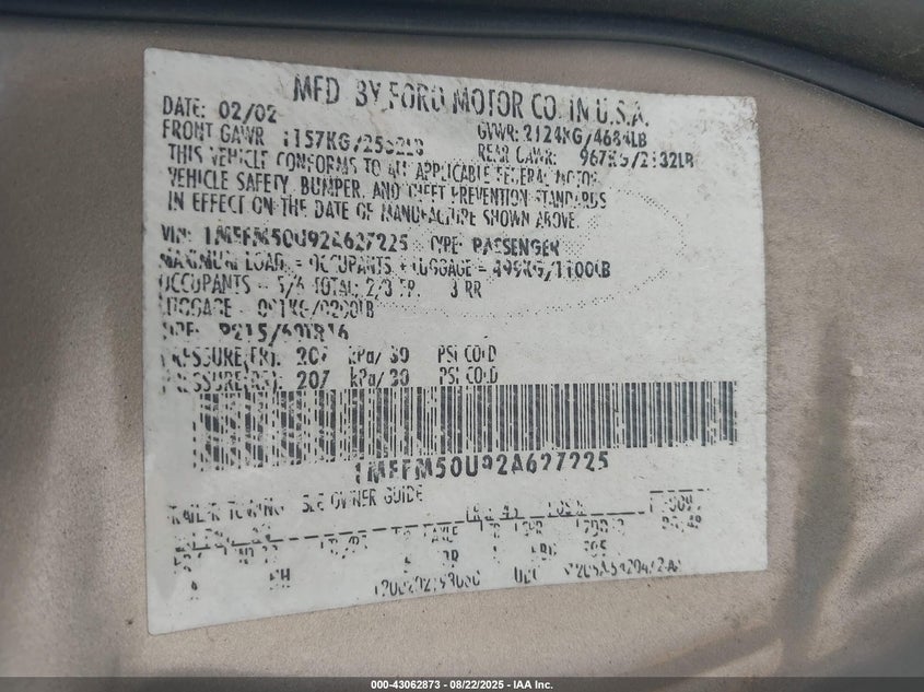 2002 Mercury Sable Gs VIN: 1MEFM50U92A627225 Lot: 43062873