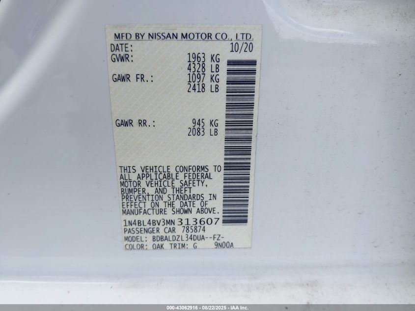 2021 Nissan Altima S Fwd VIN: 1N4BL4BV3MN313607 Lot: 43062916