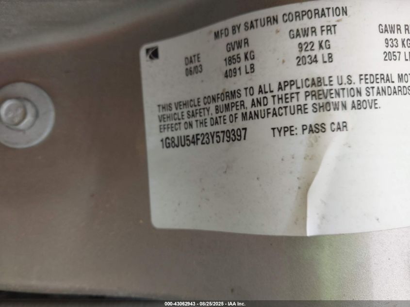 2003 Saturn L-Series L200 VIN: 1G8JU54F23Y579397 Lot: 43062943
