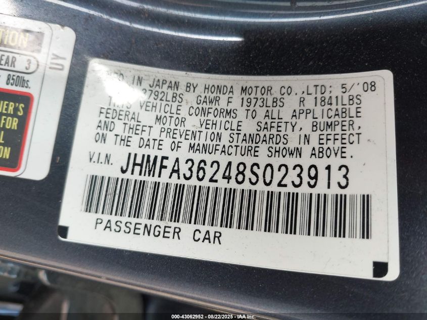 2008 Honda Civic Hybrid VIN: JHMFA36248S023913 Lot: 43062952