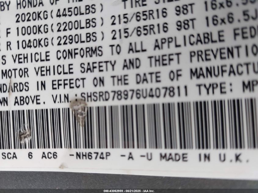 2006 Honda Cr-V Se VIN: SHSRD78976U407811 Lot: 43062959