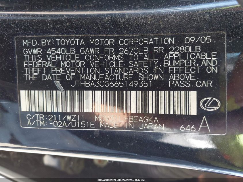 2006 Lexus Es 330 VIN: JTHBA30G665149351 Lot: 43062989