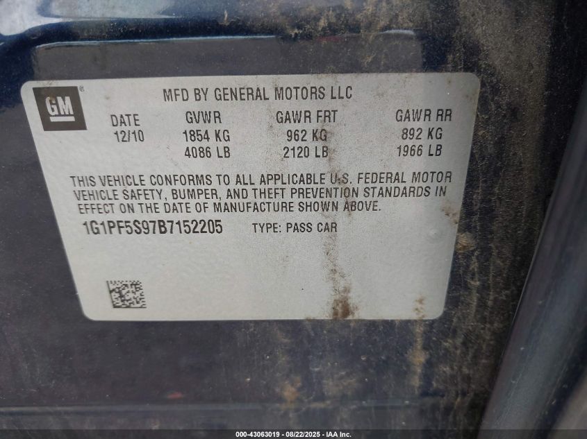 2011 Chevrolet Cruze 1Lt VIN: 1G1PF5S97B7152205 Lot: 43063019
