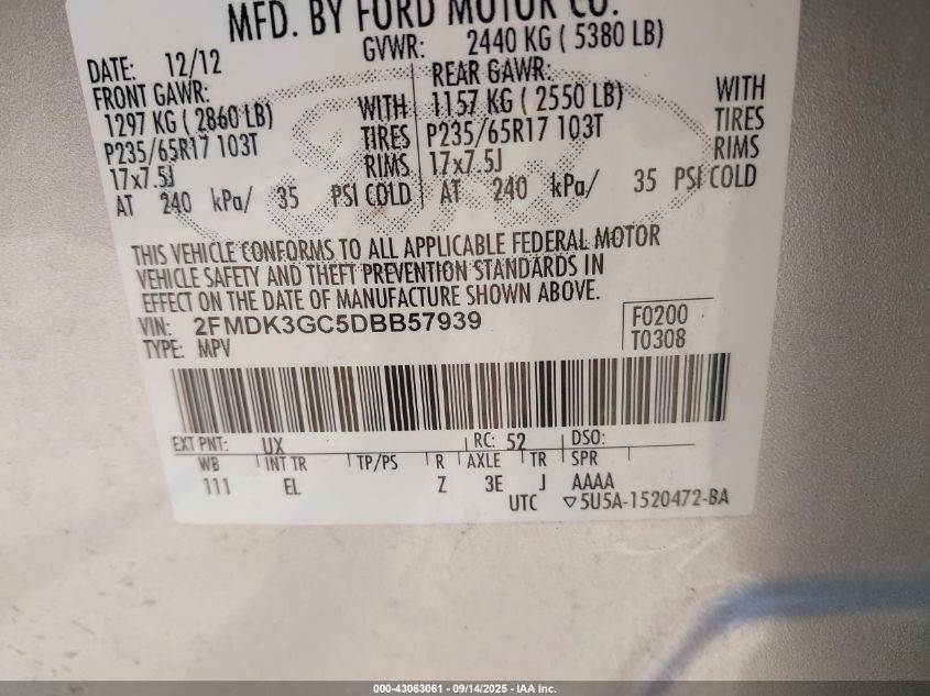 2013 Ford Edge Se VIN: 2FMDK3GC5DBB57939 Lot: 43063061