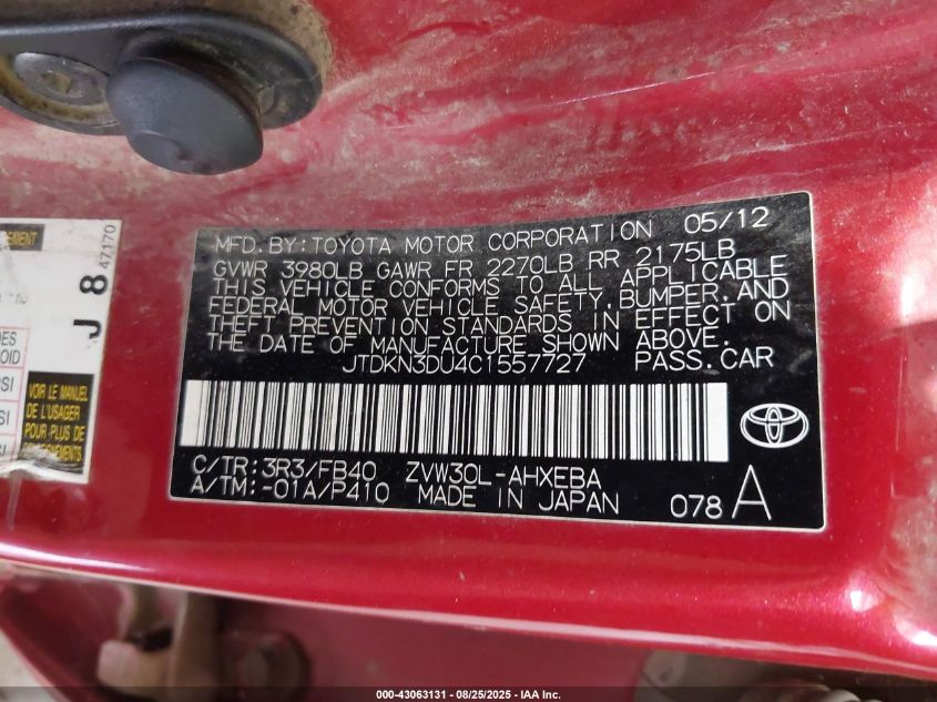 2012 Toyota Prius Two VIN: JTDKN3DU4C1557727 Lot: 43063131