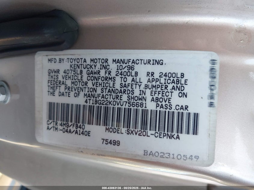 1997 Toyota Camry Ce/Le/Xle VIN: 4T1BG22K0VU756681 Lot: 43063136