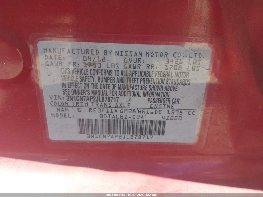 2018 Nissan Versa 1.6 Sv VIN: 3N1CN7AP2JL878717 Lot: 43063156