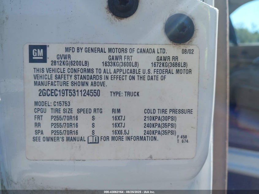 2003 Chevrolet Silverado 1500 Ls VIN: 2GCEC19T531124550 Lot: 43063164