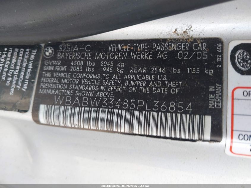 2005 BMW 325Ci VIN: WBABW33485PL36854 Lot: 43063324