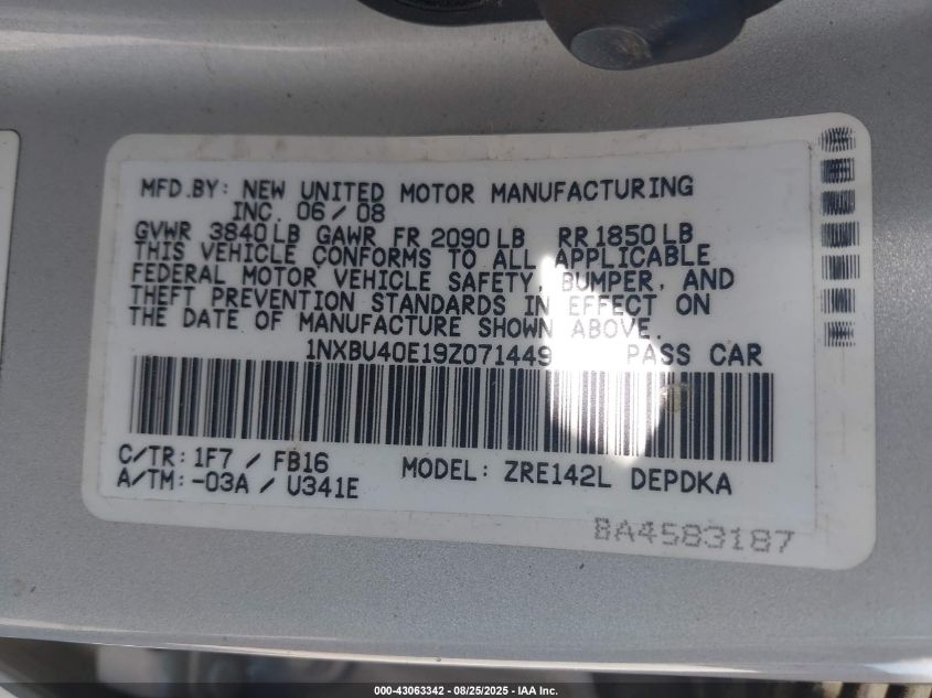 2009 Toyota Corolla Le VIN: 1NXBU40E19Z071449 Lot: 43063342