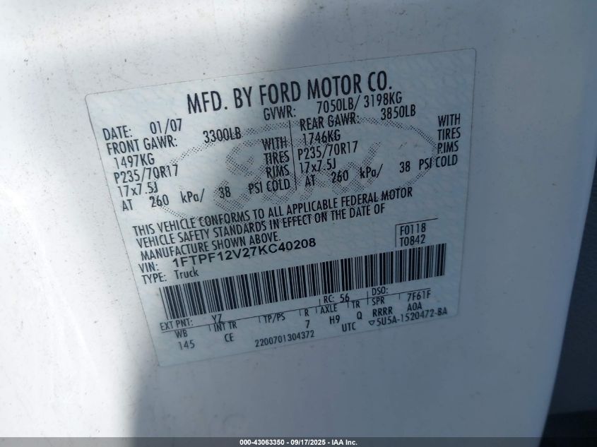 2007 Ford F-150 Xl/Xlt VIN: 1FTPF12V27KC40208 Lot: 43063350