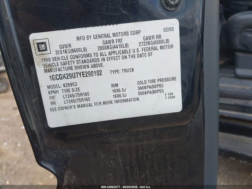 2000 Chevrolet Silverado 2500 Ls VIN: 1GCGK29U7YE290102 Lot: 43063377