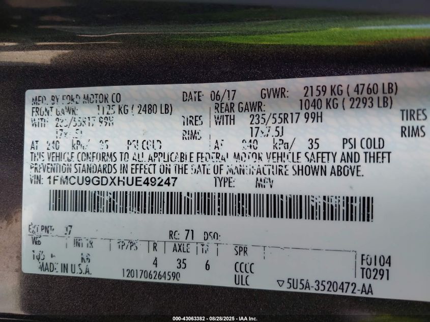 2017 Ford Escape Se VIN: 1FMCU9GDXHUE49247 Lot: 43063382