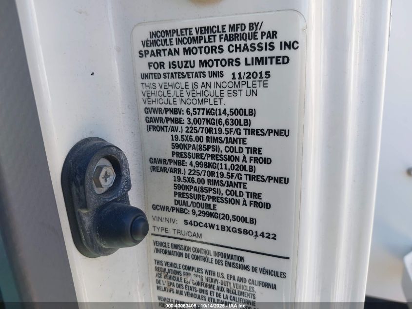 2016 Isuzu Npr Hd Gas Reg VIN: 54DC4W1BXGS801422 Lot: 43063405