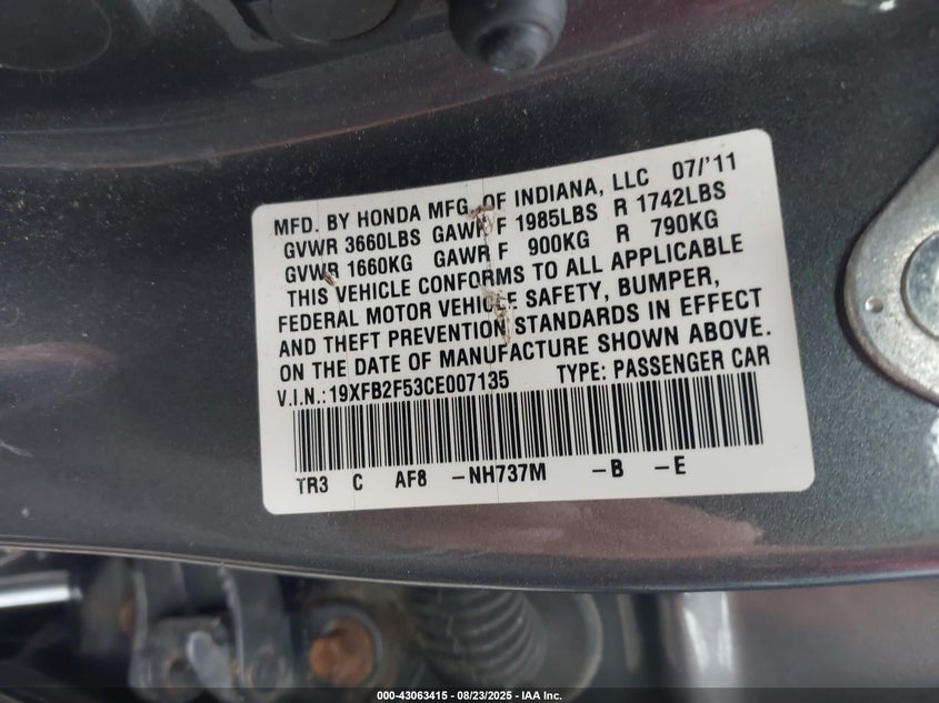 2012 Honda Civic Lx VIN: 19XFB2F53CE007135 Lot: 43063415