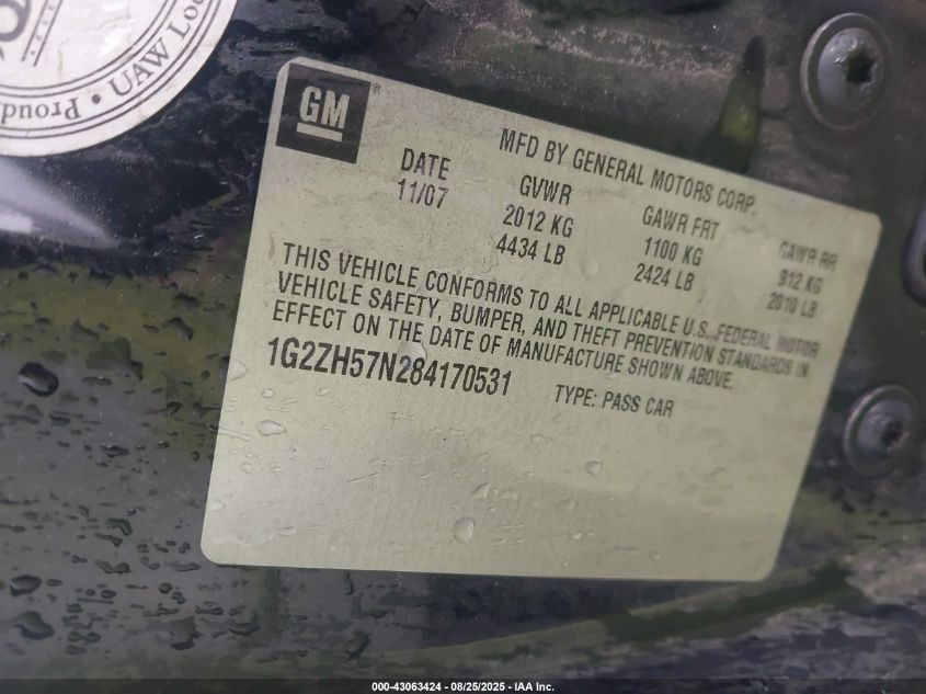 2008 Pontiac G6 Gt VIN: 1G2ZH57N284170531 Lot: 43063424