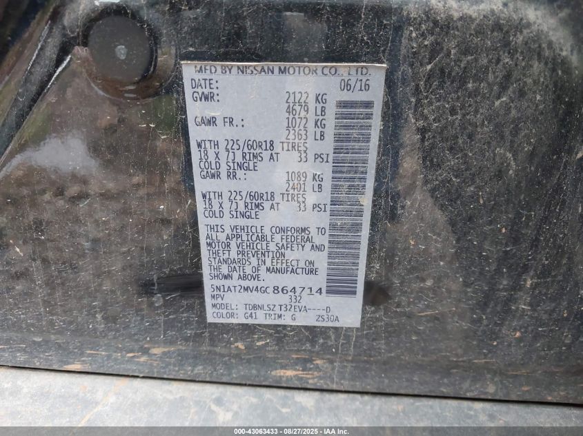 2016 Nissan Rogue Sl VIN: 5N1AT2MV4GC864714 Lot: 43063433