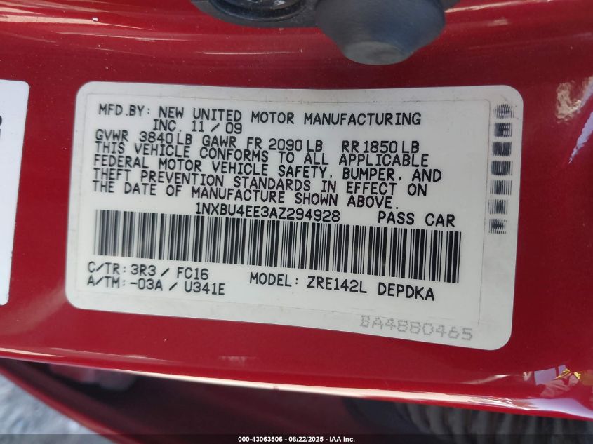 2010 Toyota Corolla Le VIN: 1NXBU4EE3AZ294928 Lot: 43063506