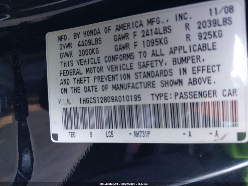 2009 Honda Accord 2.4 Ex-L VIN: 1HGCS12809A010195 Lot: 43063591