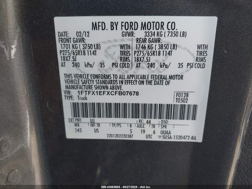 2012 Ford F-150 Xlt VIN: 1FTFX1EFXCFB07678 Lot: 43063685