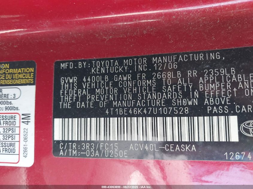 2007 Toyota Camry Se VIN: 4T1BE46K47U107528 Lot: 43063698