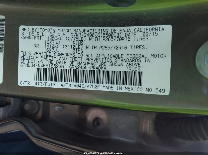 2015 Toyota Tacoma Base V6 VIN: 3TMLU4EN4FM185236 Lot: 43063774