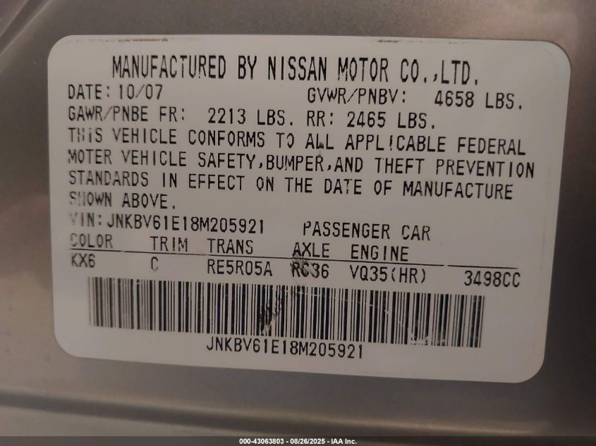 2008 Infiniti G35 Journey VIN: JNKBV61E18M205921 Lot: 43063803