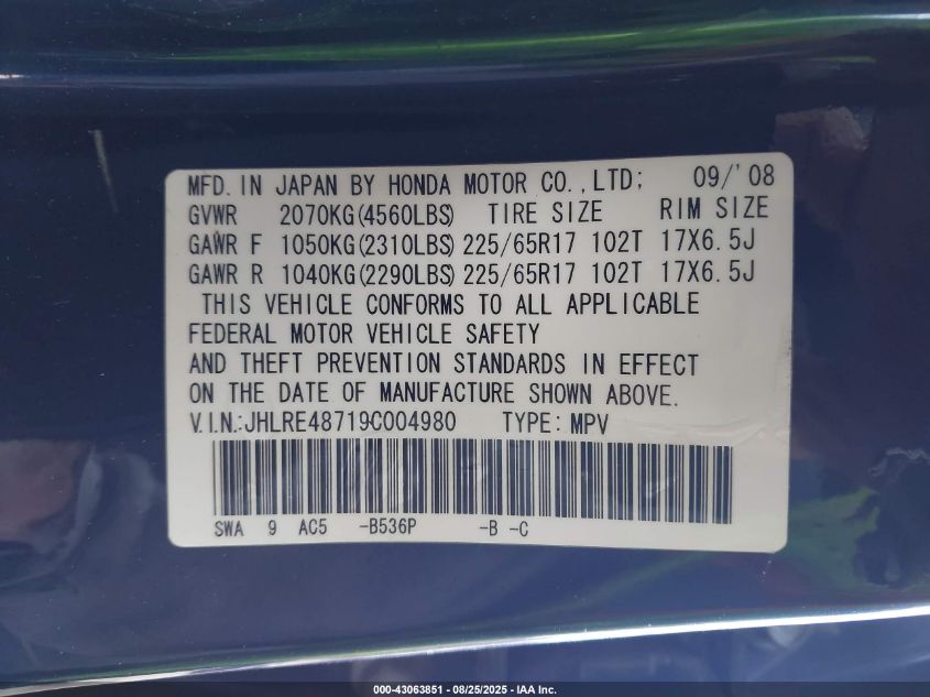 2009 Honda Cr-V Ex-L VIN: JHLRE48719C004980 Lot: 43063851