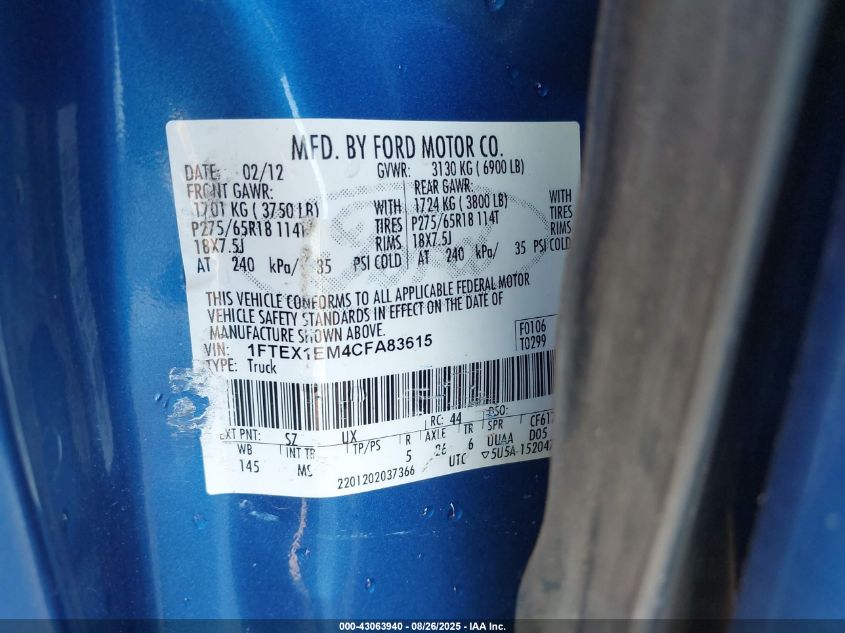 2012 Ford F-150 Xlt VIN: 1FTEX1EM4CFA83615 Lot: 43063940