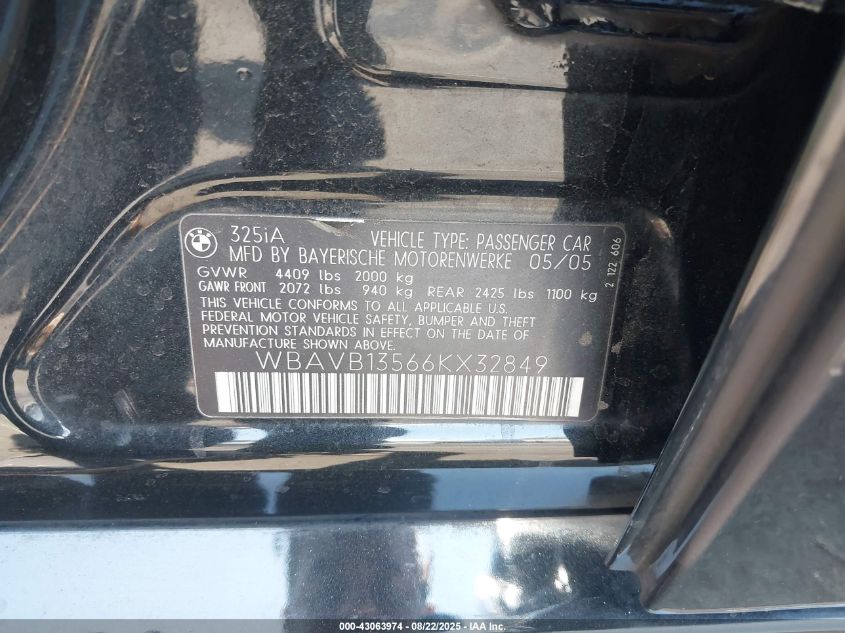 2006 BMW 325I VIN: WBAVB13566KX32849 Lot: 43063974