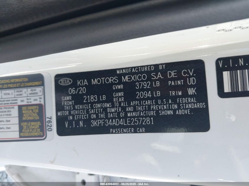 2020 Kia Forte Gt-Line VIN: 3KPF34AD4LE257281 Lot: 43064003