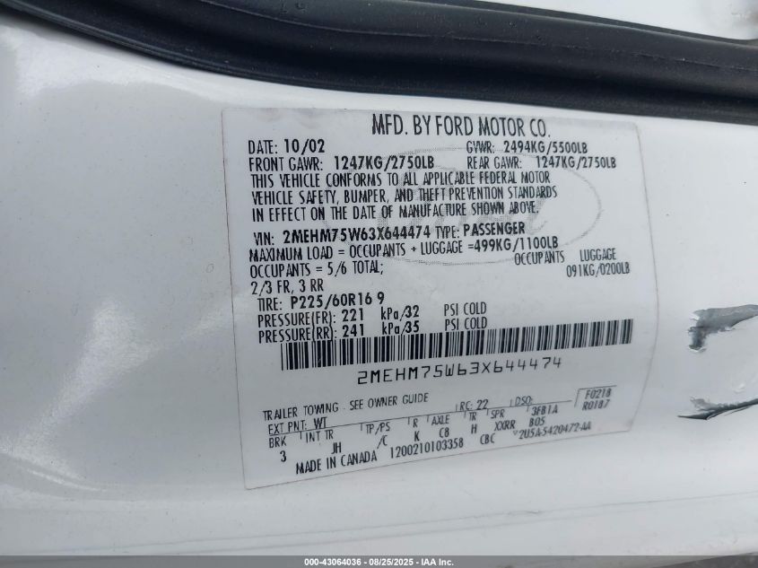 2003 Mercury Grand Marquis Ls VIN: 2MEHM75W63X644474 Lot: 43064036