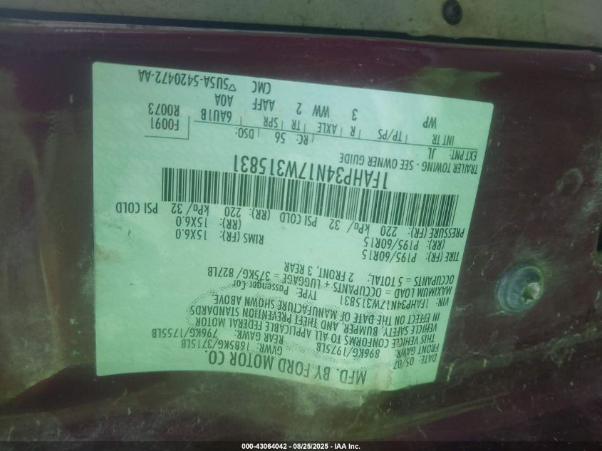 2007 Ford Focus S/Se/Ses VIN: 1FAHP34N17W315831 Lot: 43064042