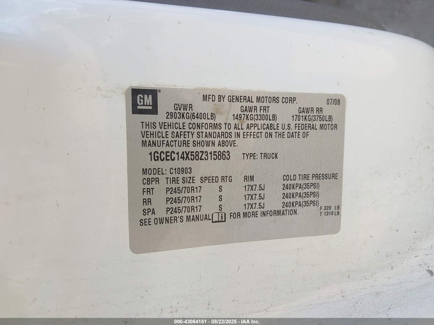 2008 Chevrolet Silverado 1500 Work Truck VIN: 1GCEC14X58Z315863 Lot: 43064151