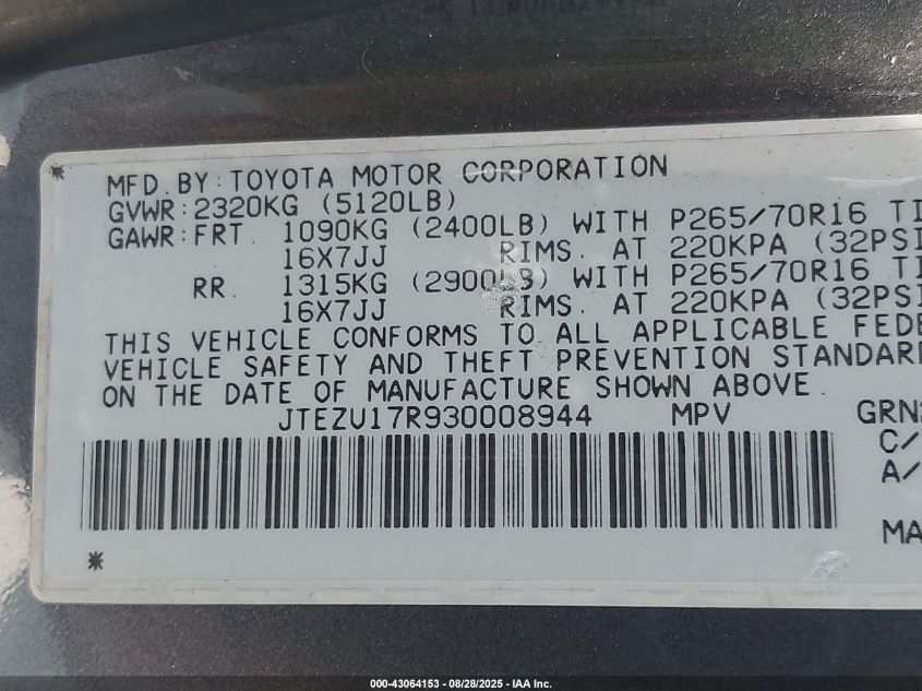 2003 Toyota 4Runner Limited V6 VIN: JTEZU17R930008944 Lot: 43064153