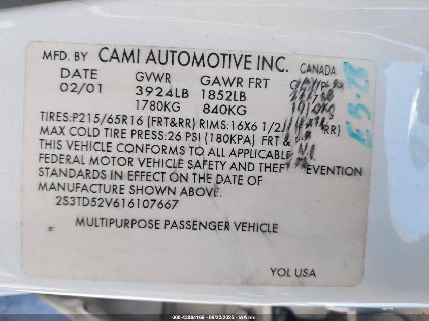 2001 Suzuki Vitara Jlx/Jx VIN: 2S3TD52V616107667 Lot: 43064169