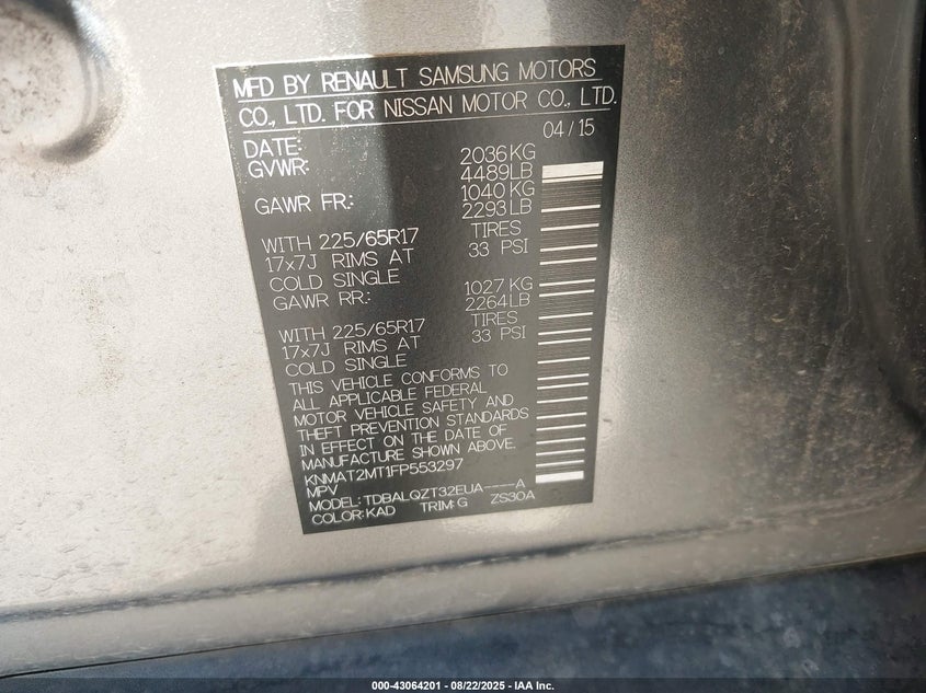 2015 NISSAN ROGUE SV - KNMAT2MT1FP553297