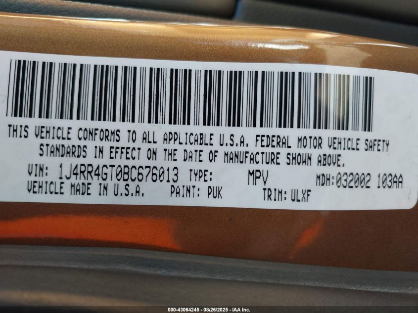 2011 Jeep Grand Cherokee Laredo VIN: 1J4RR4GT0BC676013 Lot: 43064245