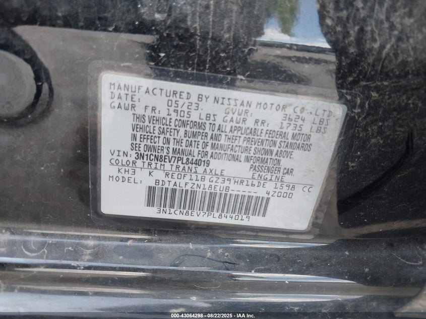 2023 Nissan Versa 1.6 Sv Xtronic Cvt VIN: 3N1CN8EV7PL844019 Lot: 43064298